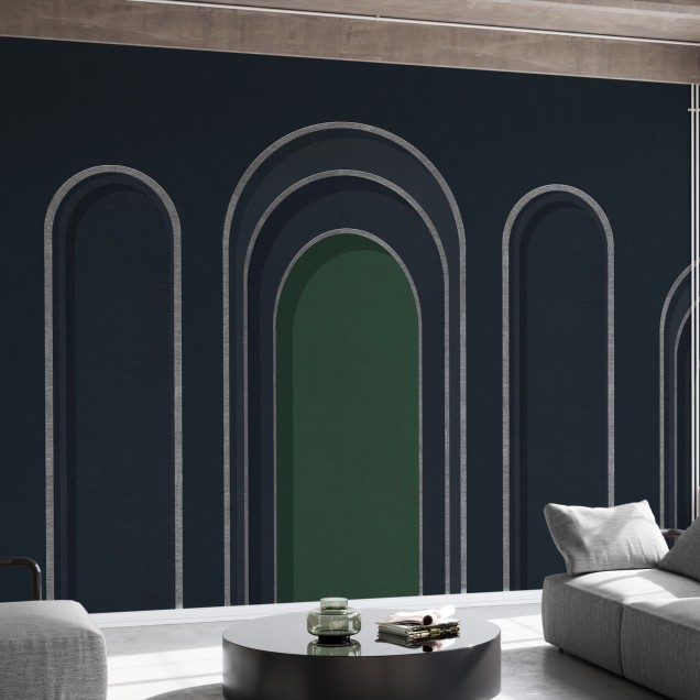 Tapet cu design abstract minimalist, cu un aranjament de arcuri suprapuse, realizat în nuanțe de albastru închis și verde.
