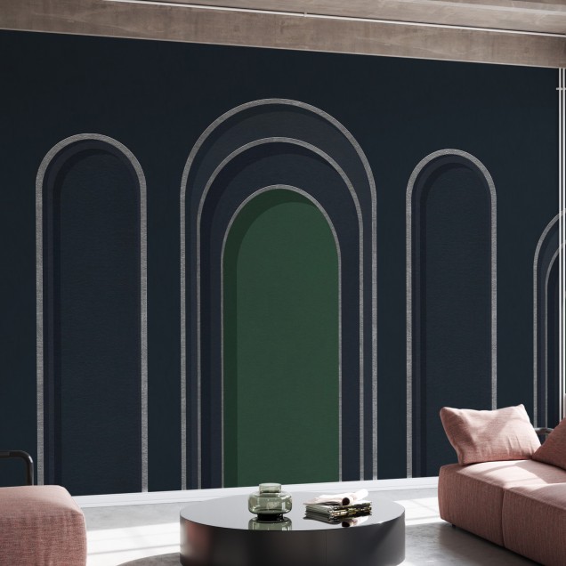 Tapet cu design abstract minimalist, cu un aranjament de arcuri suprapuse, realizat în nuanțe de albastru închis și verde.