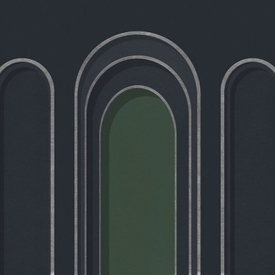 Tapet cu design abstract minimalist, cu un aranjament de arcuri suprapuse, realizat în nuanțe de albastru închis și verde.