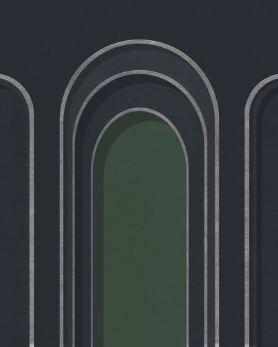 Tapet cu design abstract minimalist, cu un aranjament de arcuri suprapuse, realizat în nuanțe de albastru închis și verde.