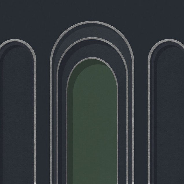 Tapet cu design abstract minimalist, cu un aranjament de arcuri suprapuse, realizat în nuanțe de albastru închis și verde.