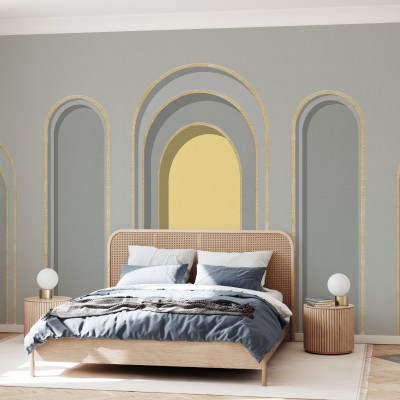 Tapet cu arcade elegante in nuante de gri si galben, cu accente aurii, perfect pentru a adauga o nota de sofisticare si eleganta camerei.
