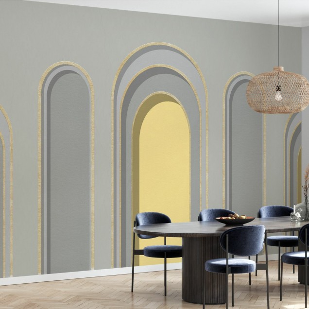 Tapet cu arcade elegante in nuante de gri si galben, cu accente aurii, perfect pentru a adauga o nota de sofisticare si eleganta camerei.