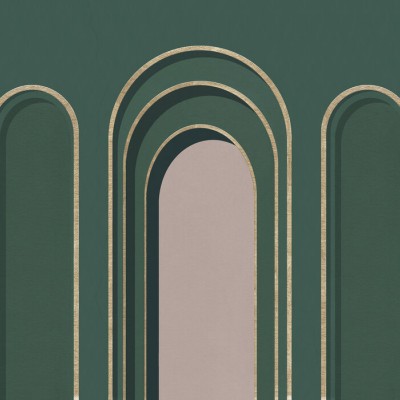 Tapet cu arcade aurii pe fond verde.