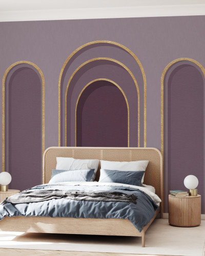 Tapet violet cu arce aurii, decor dormitor