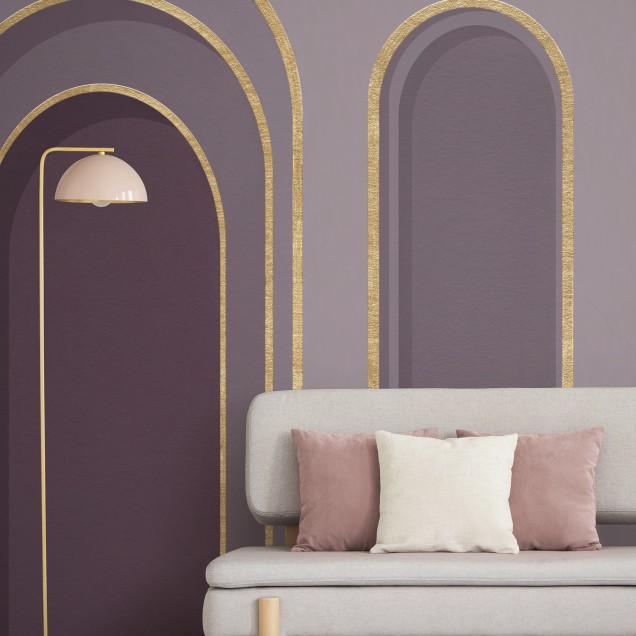 Tapet violet cu arce aurii, decor dormitor