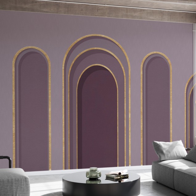 Tapet violet cu arce aurii, decor dormitor