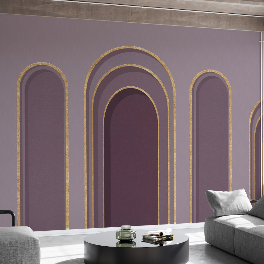 Tapet cu design abstract, arc auriu si nuanţe de verde si roz pal.