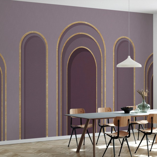 Tapet violet cu arce aurii, decor dormitor