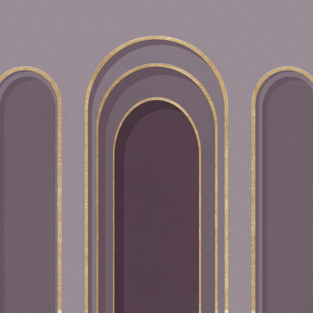 Tapet violet cu arce aurii, decor dormitor