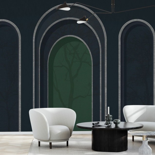 Tapet cu arcade elegante și un design minimalist, în tonuri de albastru și verde.