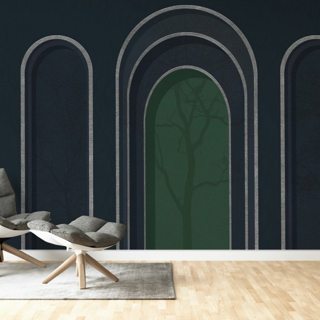 Tapet cu arcade elegante și un design minimalist, în tonuri de albastru și verde.