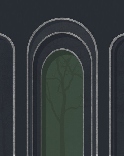 Tapet cu arcade elegante și un design minimalist, în tonuri de albastru și verde.