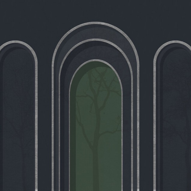 Tapet cu arcade elegante și un design minimalist, în tonuri de albastru și verde.