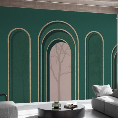 Tapet cu design abstract, arc auriu si nuanţe de verde si roz pal.