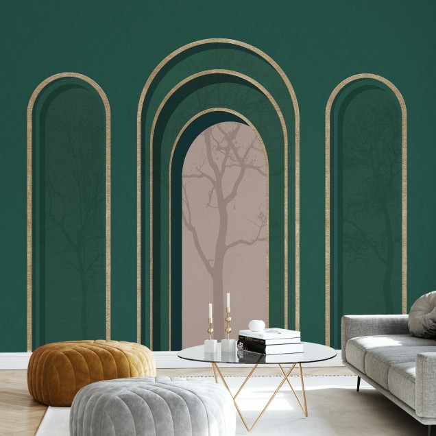 Tapet cu design abstract, arc auriu si nuanţe de verde si roz pal.