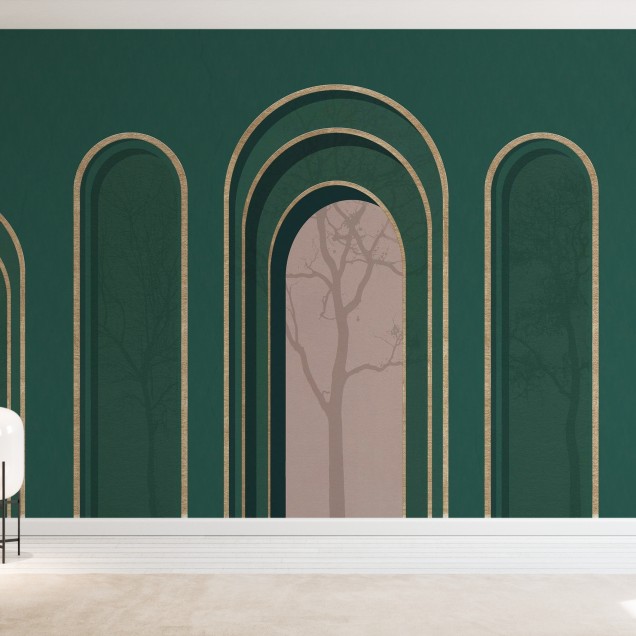 Tapet cu design abstract, arc auriu si nuanţe de verde si roz pal.