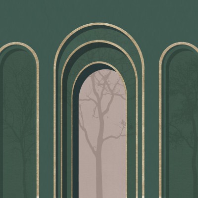 Tapet cu design abstract, arc auriu si nuanţe de verde si roz pal.
