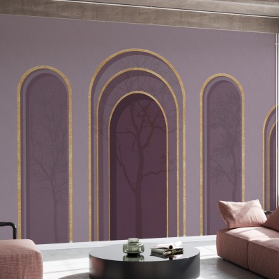 Tapet abstract cu arcade aurii pe fundal violet, cu siluete de copaci în fundal.