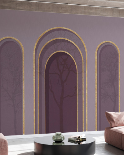Tapet abstract cu arcade aurii pe fundal violet, cu siluete de copaci în fundal.