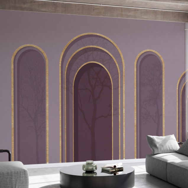 Tapet abstract cu arcade aurii pe fundal violet, cu siluete de copaci în fundal.