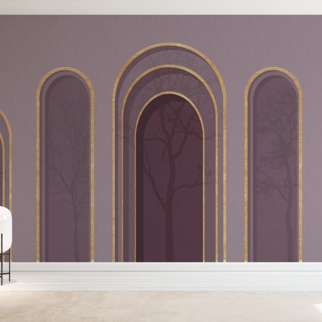 Tapet abstract cu arcade aurii pe fundal violet, cu siluete de copaci în fundal.