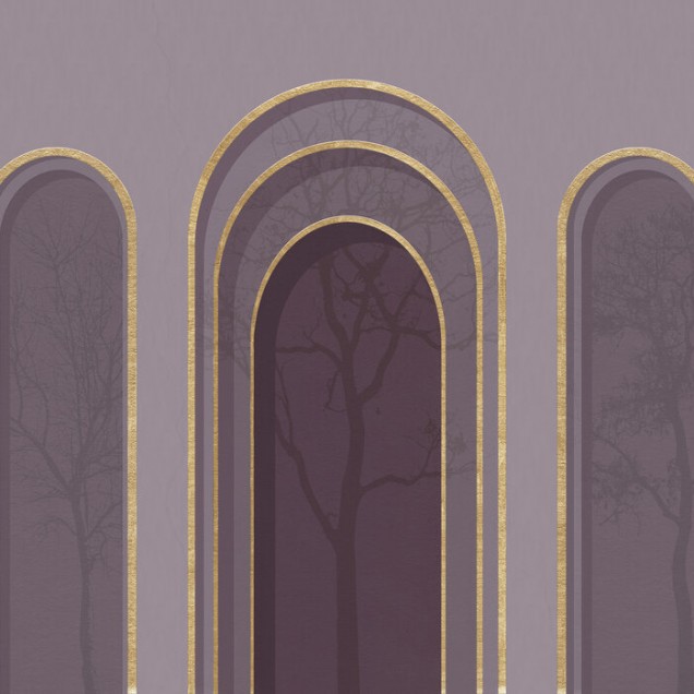 Tapet abstract cu arcade aurii pe fundal violet, cu siluete de copaci în fundal.