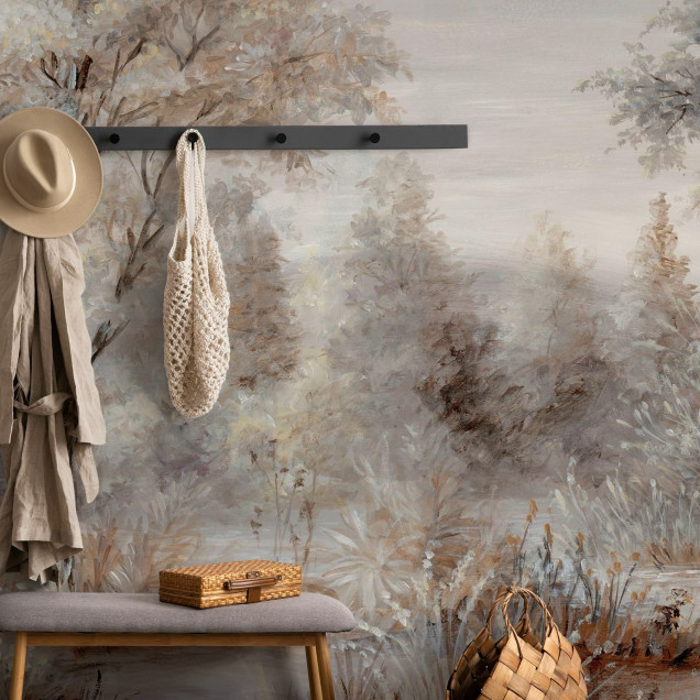 Tapet cu un design minimalist, cu accente de gri și maro, care creează o atmosferă relaxantă, perfectă pentru un dormitor sau living.