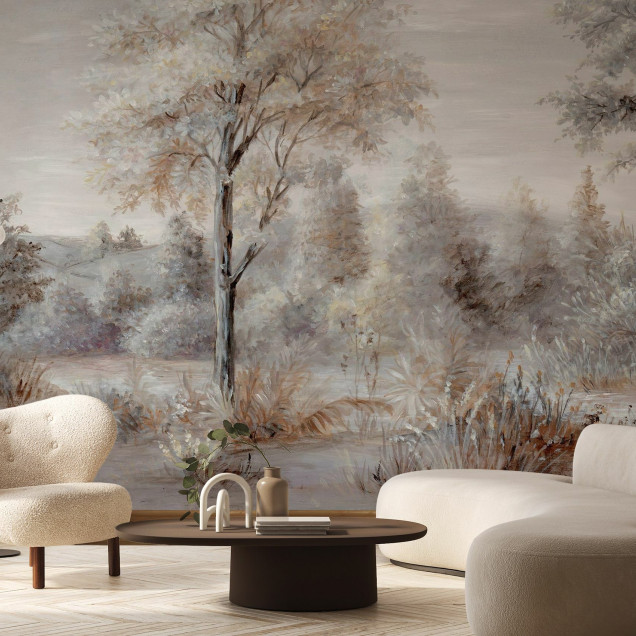 Tapet cu un design minimalist, cu accente de gri și maro, care creează o atmosferă relaxantă, perfectă pentru un dormitor sau living.