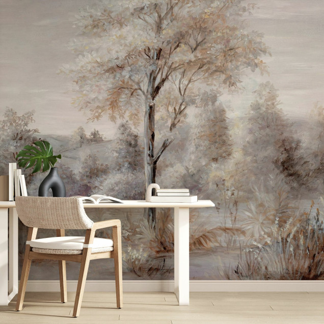 Tapet cu un design minimalist, cu accente de gri și maro, care creează o atmosferă relaxantă, perfectă pentru un dormitor sau living.