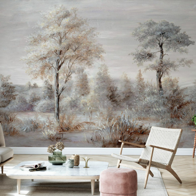 Tapet cu un design minimalist, cu accente de gri și maro, care creează o atmosferă relaxantă, perfectă pentru un dormitor sau living.