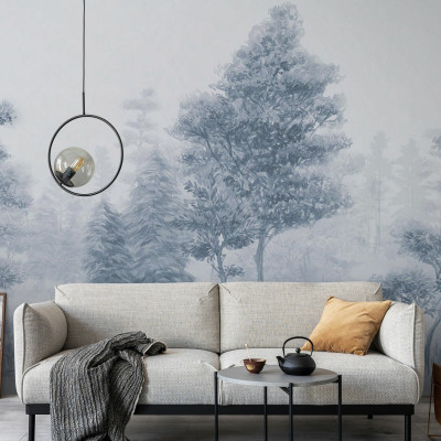 Tapet Bohemian Forest, Blue, cu design modern și elegant, perfect pentru living, dormitor sau birou. Culori delicate și model abstract de pădure.