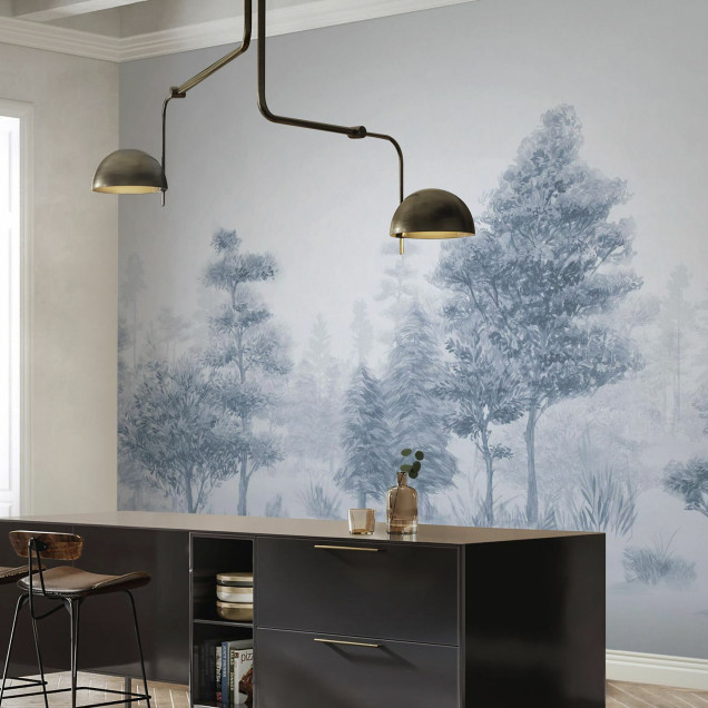 Tapet Bohemian Forest, Blue, cu design modern și elegant, perfect pentru living, dormitor sau birou. Culori delicate și model abstract de pădure.