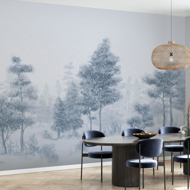 Tapet Bohemian Forest, Blue, cu design modern și elegant, perfect pentru living, dormitor sau birou. Culori delicate și model abstract de pădure.