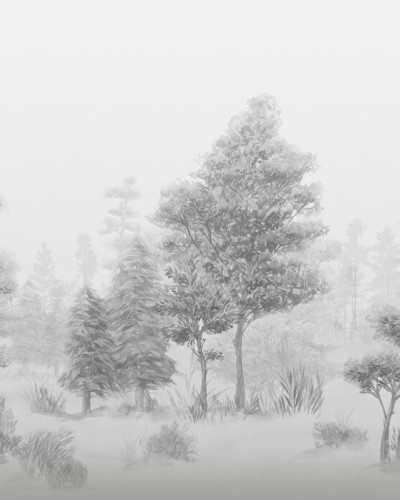Tapet Bohemian Forest, BW, cu un design minimalist in tonuri de gri, cu o pădure liniștită, perfect pentru a crea o atmosferă relaxantă și sofisticată.  Se vede livingul cu canapea, scaun, masă de cafea și alte decorațiuni.