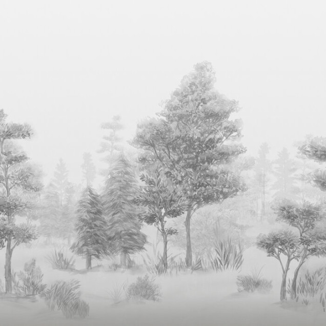 Tapet Bohemian Forest, BW, cu un design minimalist in tonuri de gri, cu o pădure liniștită, perfect pentru a crea o atmosferă relaxantă și sofisticată.  Se vede livingul cu canapea, scaun, masă de cafea și alte decorațiuni.