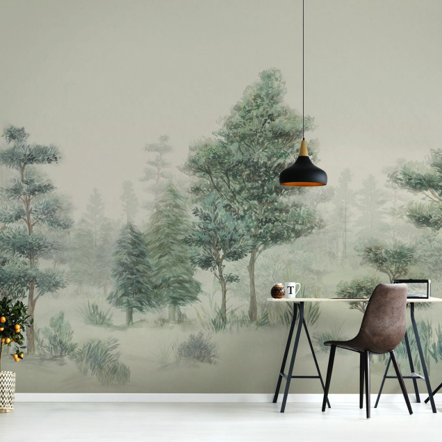 Tapet cu design de pădure boemă, în tonuri de verde.