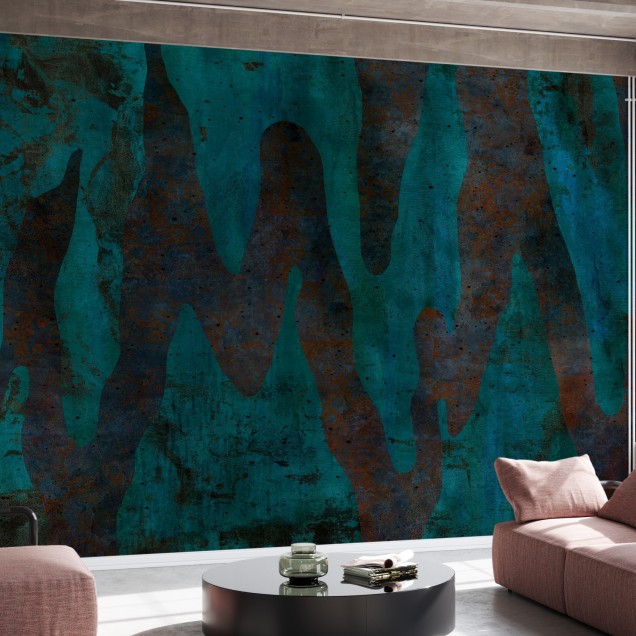 Tapet Aracio V cu un design abstract modern, cu linii curbe și accente de culoare, decorând un perete din sala de mese.