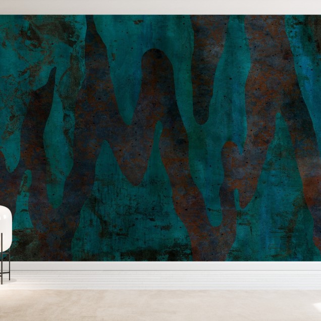 Tapet Aracio V cu un design abstract modern, cu linii curbe și accente de culoare, decorând un perete din sala de mese.
