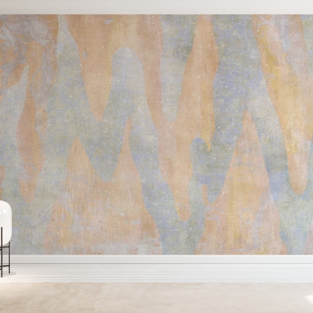 Aracio II - Tapet decorativ cu un design minimalist si culori calde, in living, in spatele unei mese de dining.