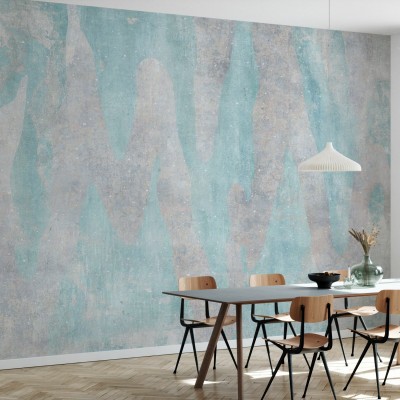 Fototapet abstract Aracio III, cu nuante de bleumarin si gri, montat intr-o camera de zi cu mobilier modern