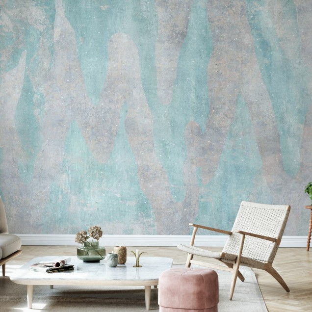 Fototapet abstract Aracio III, cu nuante de bleumarin si gri, montat intr-o camera de zi cu mobilier modern