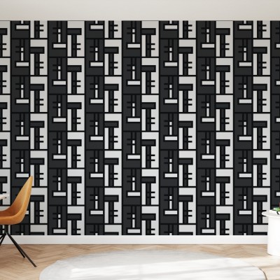 Tapet geometric modern Black Brick, Shifted, cu model abstract de culoare neagră.