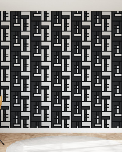 Tapet geometric modern Black Brick, Shifted, cu model abstract de culoare neagră.