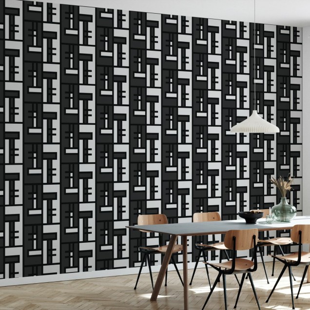 Tapet geometric modern Black Brick, Shifted, cu model abstract de culoare neagră.