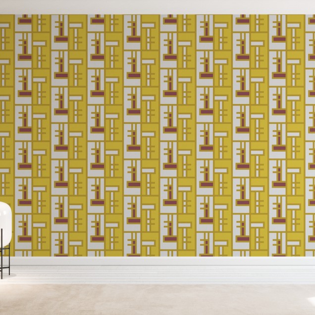 Yellow Brick, Shifted fototapet cu model geometric modern în culori galbene și maro, în decorul unui living