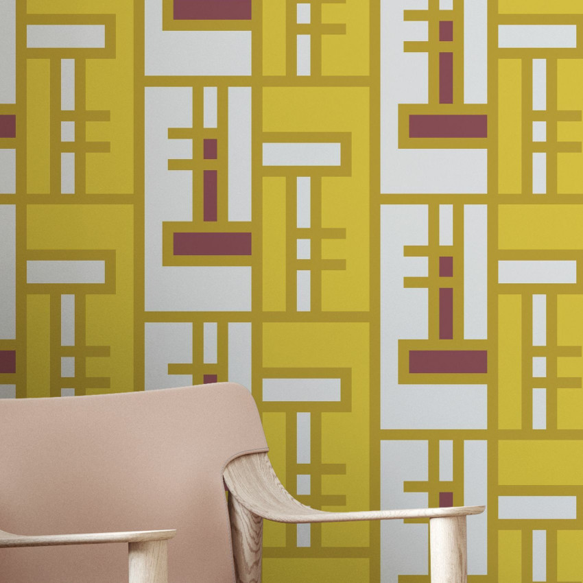 Tapet geometric modern cu cărămizi pastelate, cu un design elegant și sofisticat, perfect pentru a adăuga un accent de culoare și textură pereților