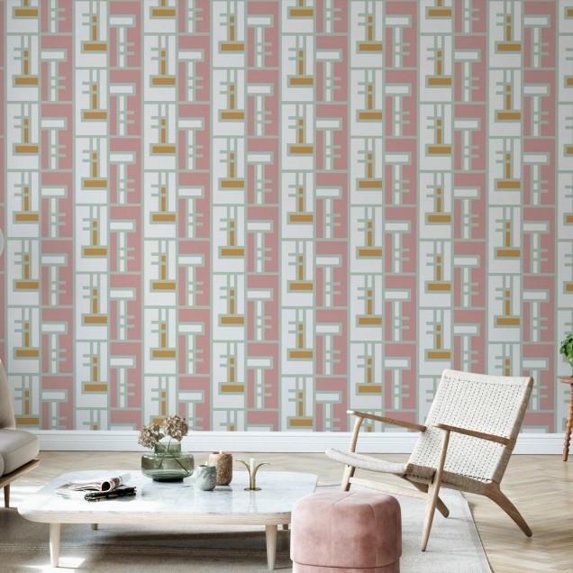 Tapet geometric modern cu cărămizi pastelate, cu un design elegant și sofisticat, perfect pentru a adăuga un accent de culoare și textură pereților
