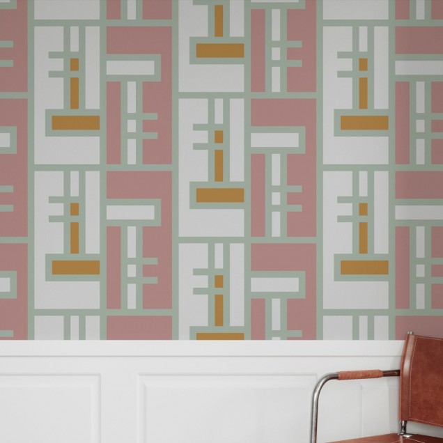 Tapet geometric modern cu cărămizi pastelate, cu un design elegant și sofisticat, perfect pentru a adăuga un accent de culoare și textură pereților