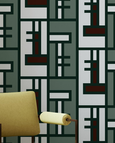 Tapet Green Brick, Shifted cu model geometric în nuanțe de verde și maro.